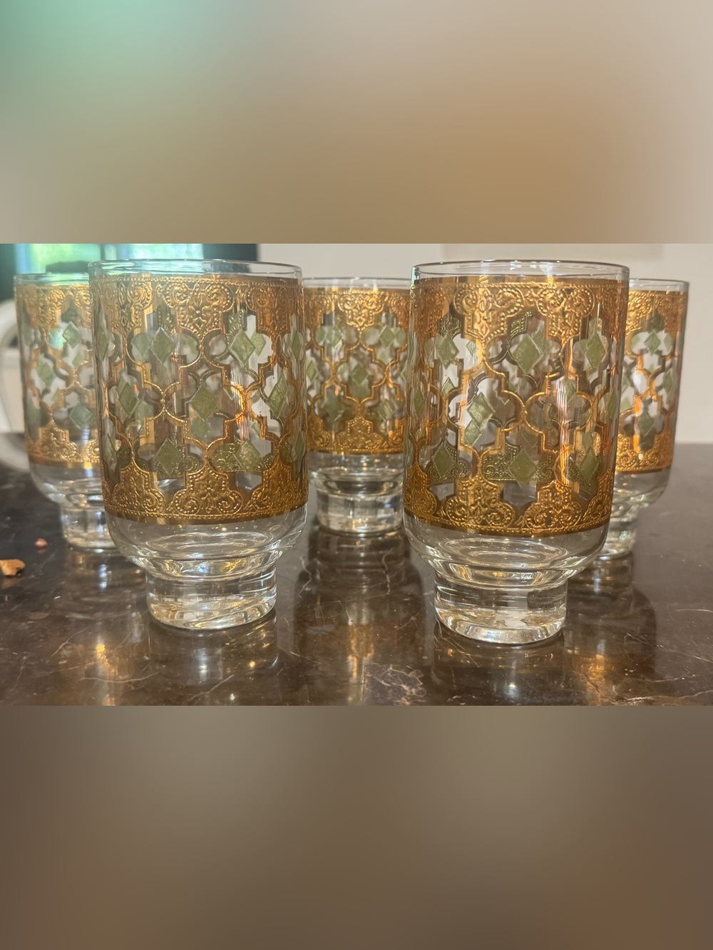 VINTAGE CULVER Valencia Pattern Footed Highball Glasses Set of 8 22k gold trim